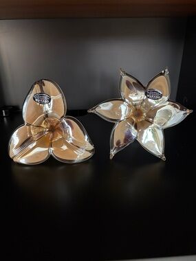 Set of 2 Murano Amber and Clear Glass Flower Bowls Lily Petal Sculptures